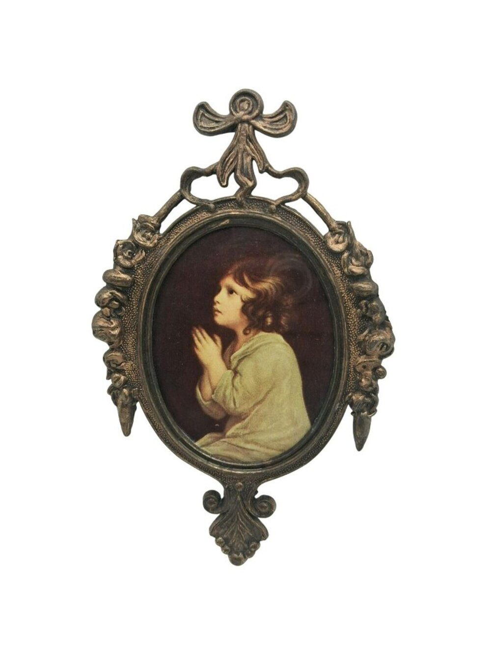 Vintage Italian Ornate Brass Oval Frame With Praying Child Artwork Wall Hanging